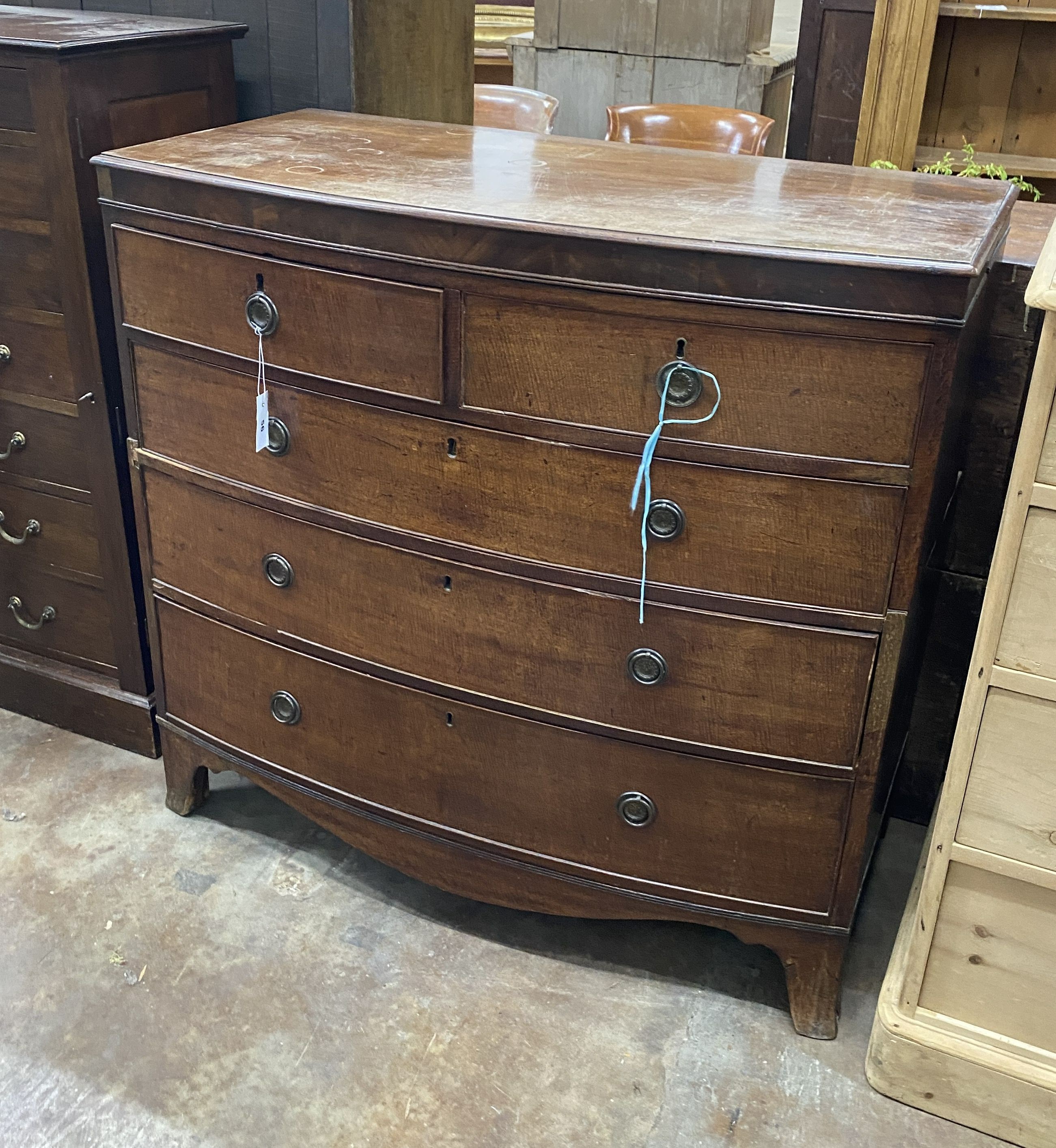 A Regency mahogany bow fronted chest of drawers, width 108cm, depth 53cm, height 103cm